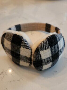 BURBERRY Nova Check Cashmere and Shearling Ear Muffs, Authentic
